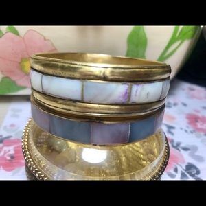 Pair of 2 Beautiful Vintage Brass Mother of Pearl Inlaid Bangles